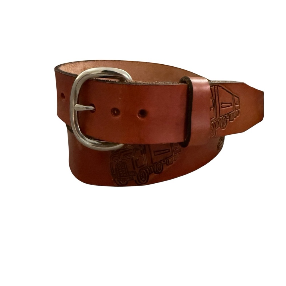 Vintage Tooled Transport Truck Brown Leather Belt Size 36 Removable Buckle USA